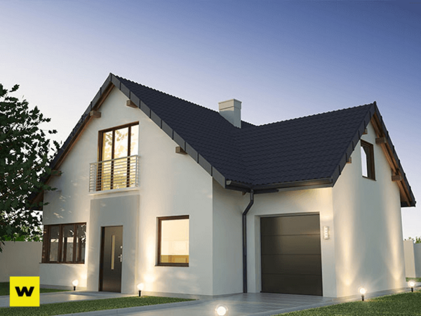 Modernes Einfamilienhaus mit Garage und Garten bei Sonnenuntergang, Neubau Immobilie.